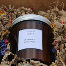 amber glass jar of College Green Lavender & Vanilla soy wax candle