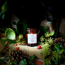 College Green Gingerbread soy wax candle in amber glass jar. Sitting on a pile of books surrounded by Autumnal greenery and pine cones.