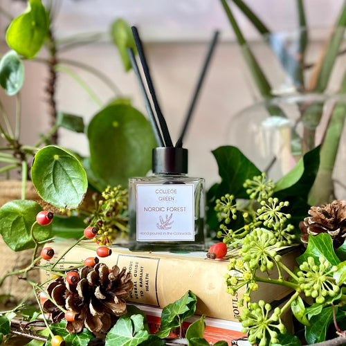 College Green Nordic Forest reed diffuser in heavy square glass jar and three thick black reed diffusers. Sitting on a pile of books surrounded by Autumnal greenery and pine cones.