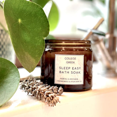 College Green Sleep Easy bath soak with pure essential oils in amber glass jar