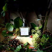 College Green Starry Night reed diffuser in heavy glass jar with three extra thick reeds. Sitting on a pile of books surrounded by Autumnal greenery.