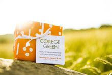 Wrapped bar of College Green Lemongrass, Ginger and Oat beer soap with a label that says: College Green. natural handmade soap with pure essential oils. Lemongrass, ginger & oat with Stroud Brewery beer