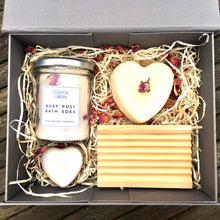 Rosy Posy gift box with jar of bath soak, heart shaped soap, candle and wooden soap dish