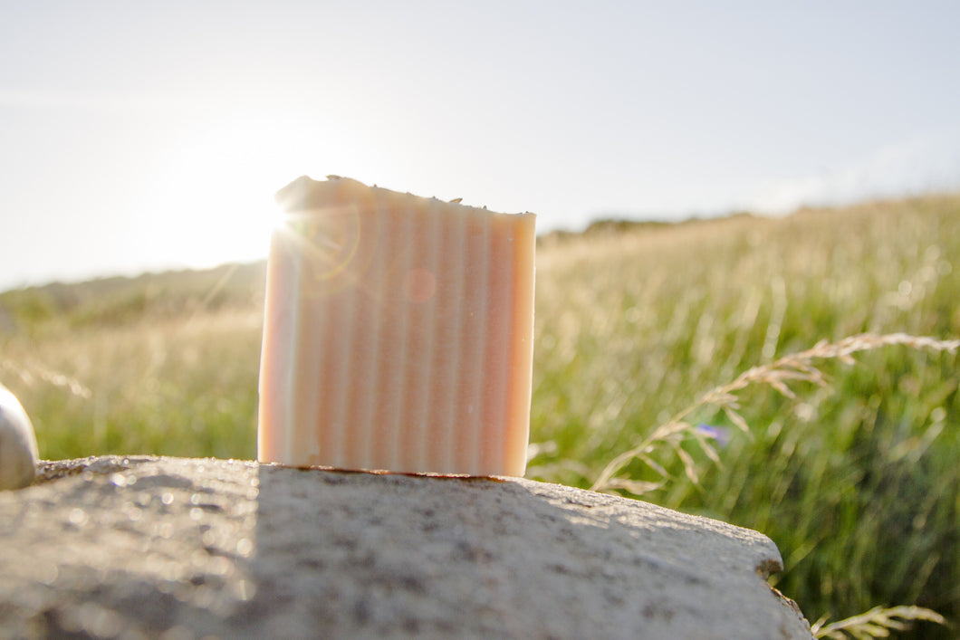Light coloured unwrapped bar of soap in an outdoors setting